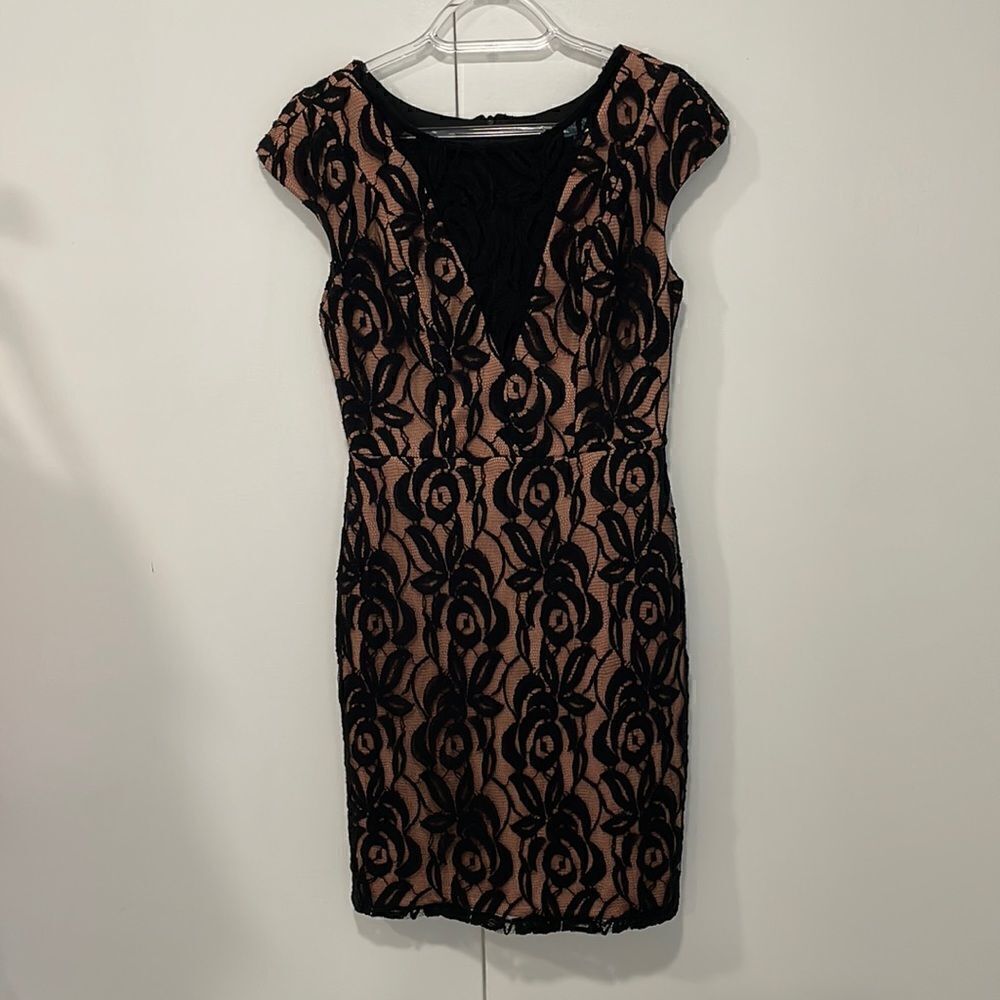 EVA FRANCO Anthropologie black pink lace sheer front midi cocktail dress S